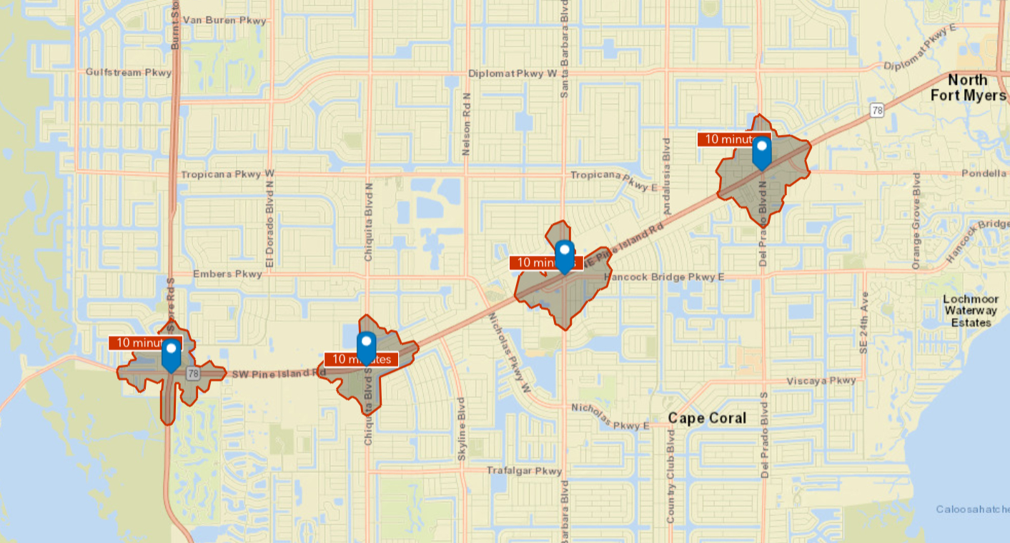 Walk time polygons four intersections map